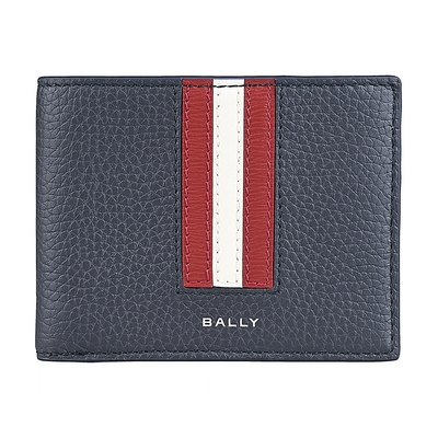 BALLY Ribbon燙銀LOGO質感小牛皮紅白直紋設計6卡對開短夾(男款/午夜藍)
