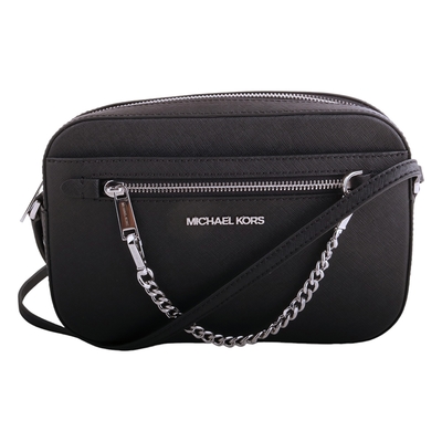 MICHAEL KORS 銀字防刮PVC前銀鍊斜背相機包(素面黑)