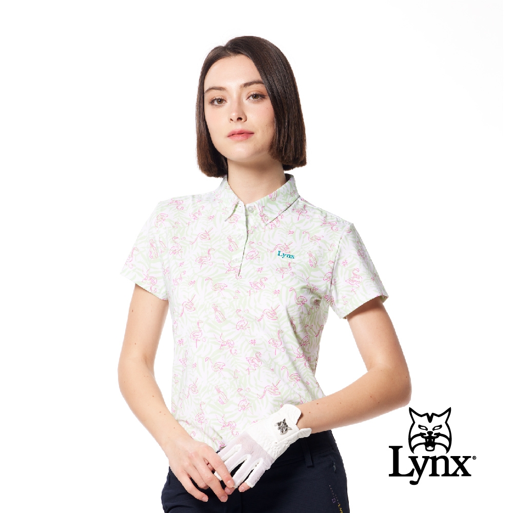 【Lynx Golf】女款吸濕排汗花草鶴印花領尖扣繡花設計短袖POLO衫/高爾夫球衫-淺綠色 (淺綠色)
