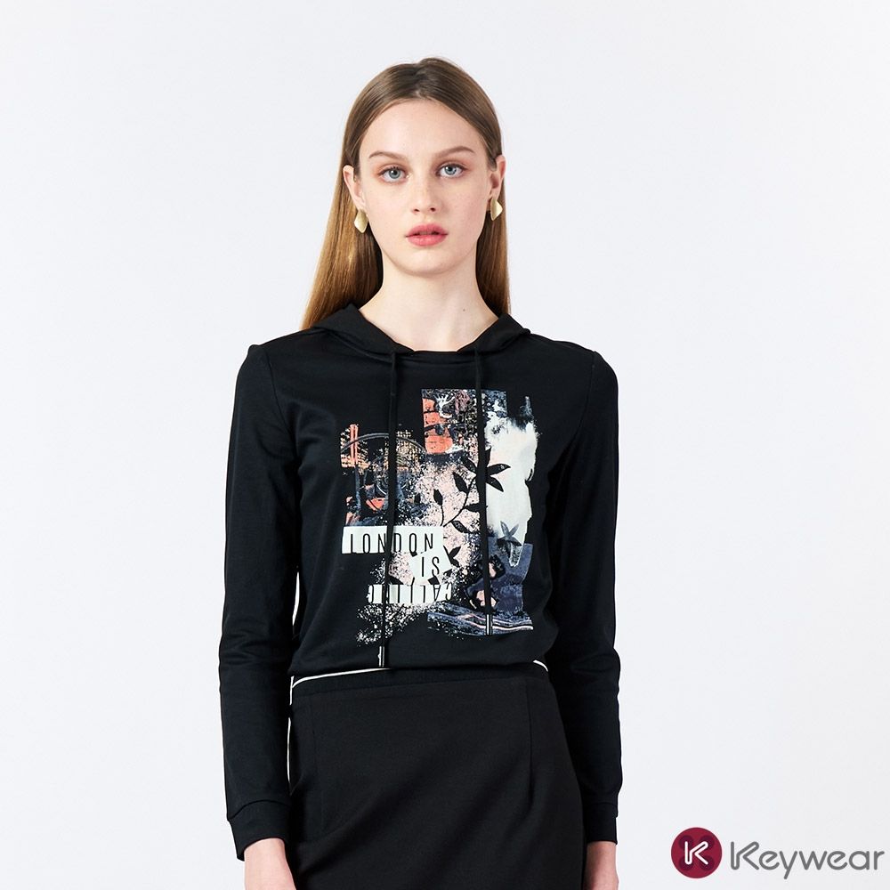 KeyWear奇威名品 假兩件純棉印花拼接連帽長袖上衣(共2色)-黑色