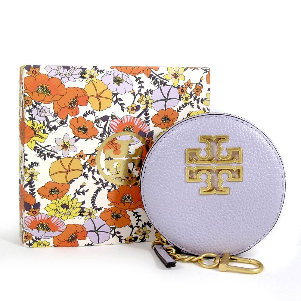 TORY BURCH BRITTEN 金屬鏤空雙T LOGO鵝卵石紋皮革零錢鎖圈包禮盒(薰衣草紫色)