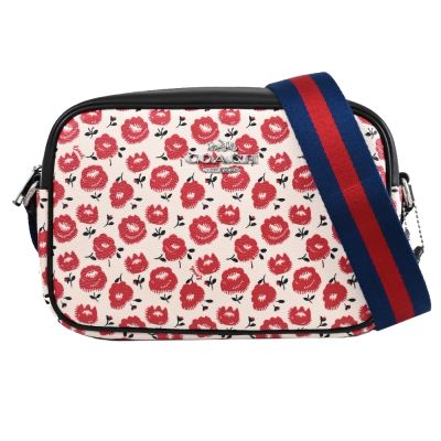 COACH Jamie 馬車LOGO印花皮革斜背包/相機包(紅/黑邊)