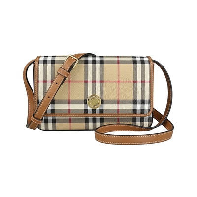 BURBERRY 巴寶莉  Hampshire金屬雷雕LOGO經典帆布結合小牛皮吸釦斜背包(米格紋x棕)