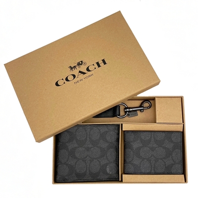 COACH 男款8卡短夾附鑰匙圈活動證件夾禮盒(C LOGO-黑灰)
