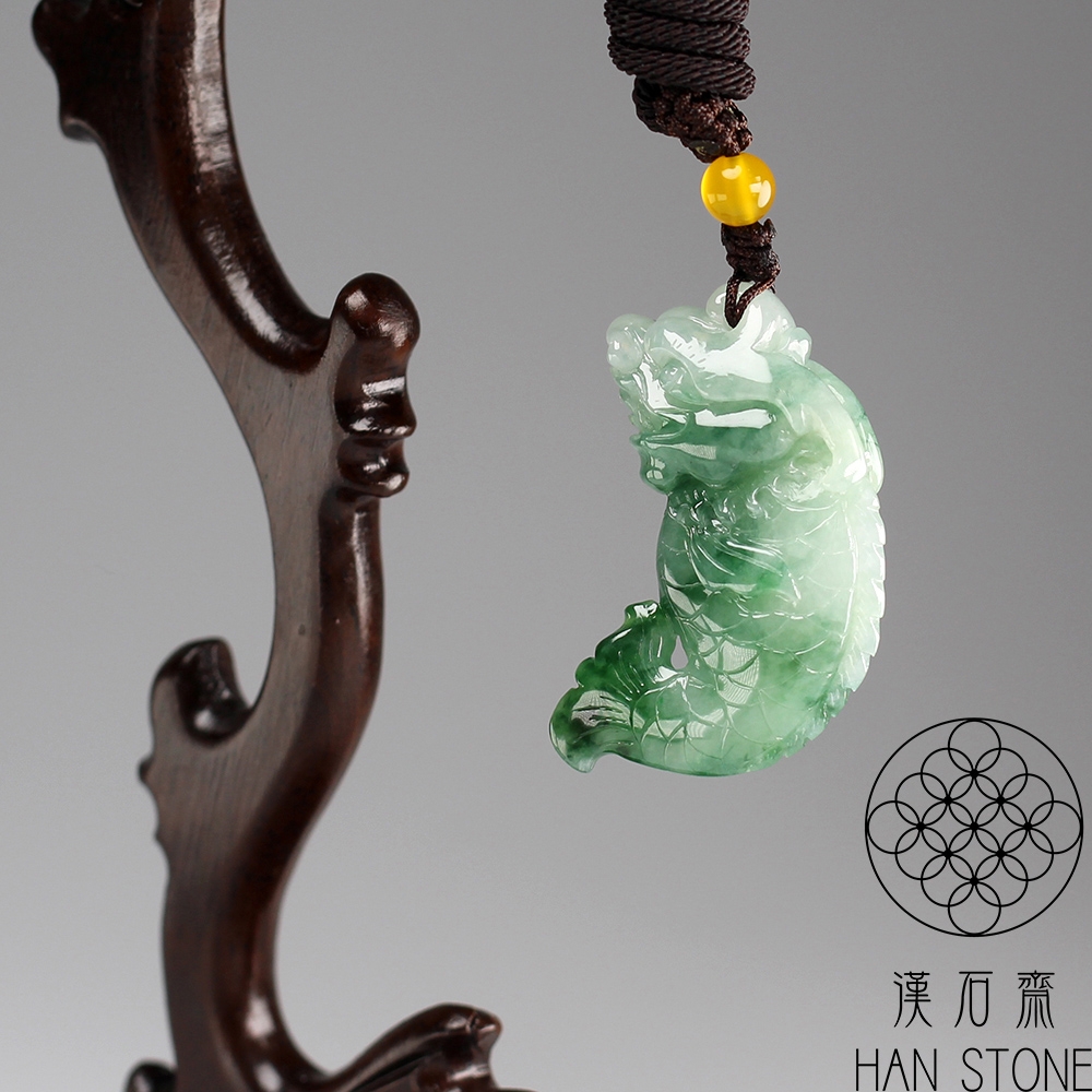 漢石齋】天然A貨冰糯種飄花翡翠鯉魚化龍玉佩吊墜(26*41*12mm) | 漢石齋