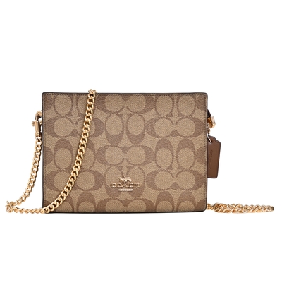 COACH SLIM卡其C Logo棕邊真皮鍊帶方型小款斜背包