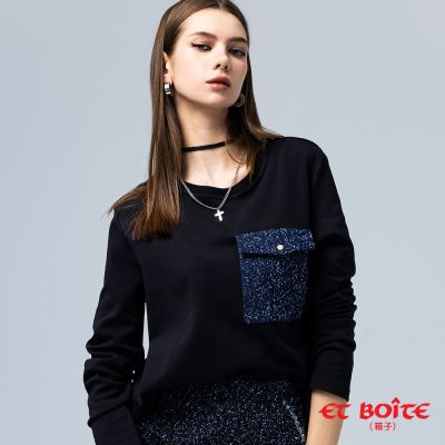 ET BOîTE 箱子 BLUE WAY – 小香風拼接口袋結構長TEE(黑)