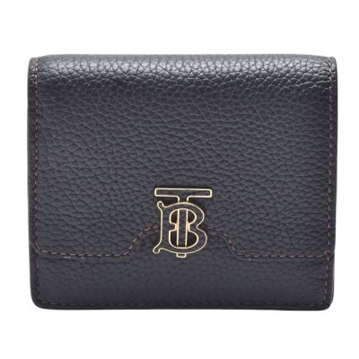 BURBERRY 經典TB LOGO粒紋牛皮對折暗釦短夾(黑色)