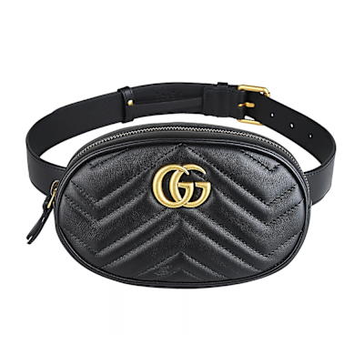 GUCCI Marmont系列立體雙G LOGO顛倒V型絎縫設計牛皮/金屬拉鍊胸腰包(黑)