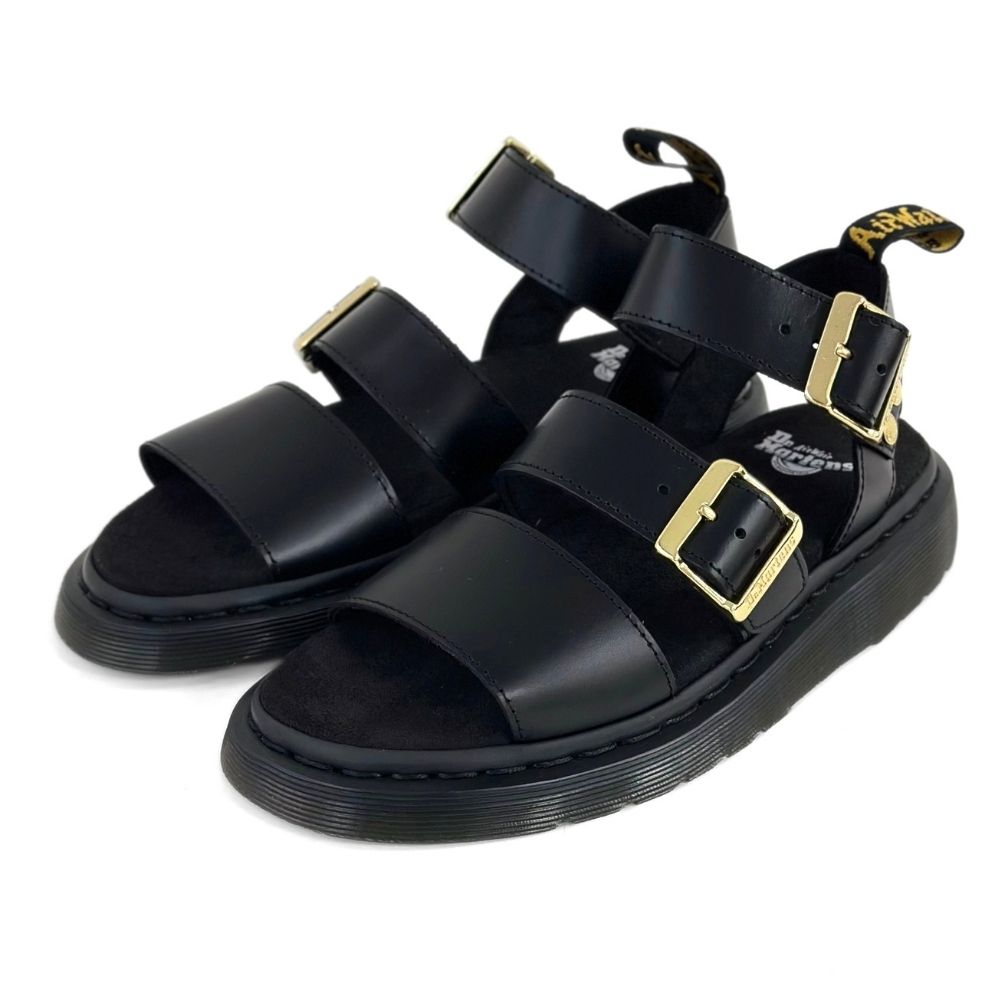 Dr.Martens 馬汀 GRYPHON Atlas 金雙扣環三條寬帶羅馬涼鞋 女 黑 馬丁真皮露趾魚口涼鞋 夏季平底休閒鞋 42329001