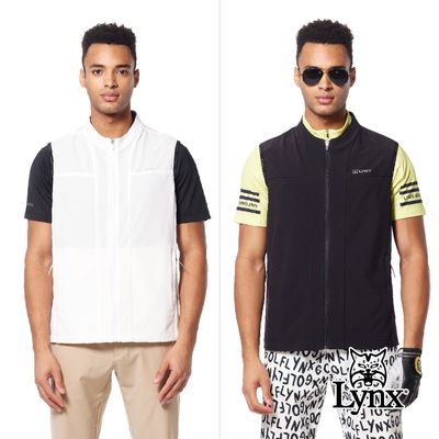 【Lynx Golf】男款抗UV吸排機能輕薄舒適剪接沖孔LOGO字樣配布造型拉鍊口袋無袖背心(二色)