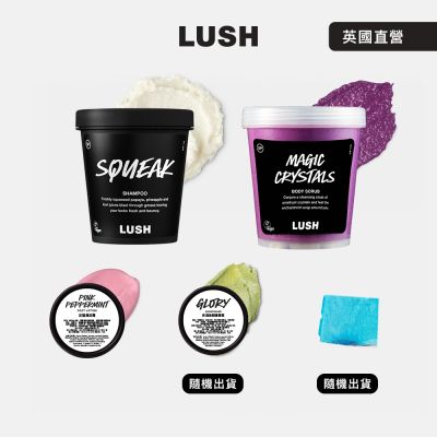 【LUSH嵐舒】Yahoo獨家 夏日磨砂組 洗髮露250g+磨砂沐浴露300g+潤足霜20g+護髮素20g+香氛皂