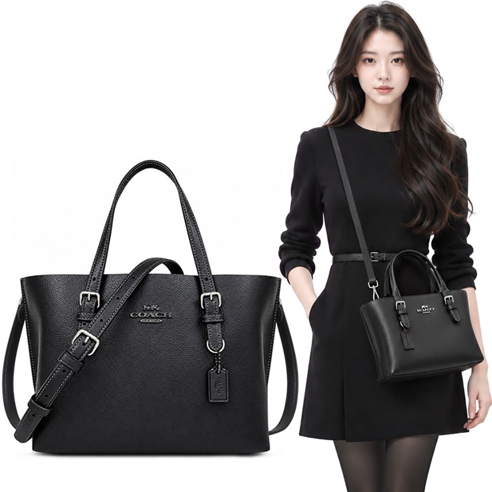 COACH Mollie 25 黑色荔枝紋皮革手提/斜背兩用包