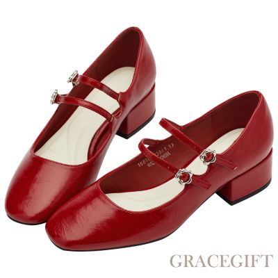 【Grace Gift】瑪黑穿搭小花扣環雙帶中跟瑪莉珍鞋 正紅