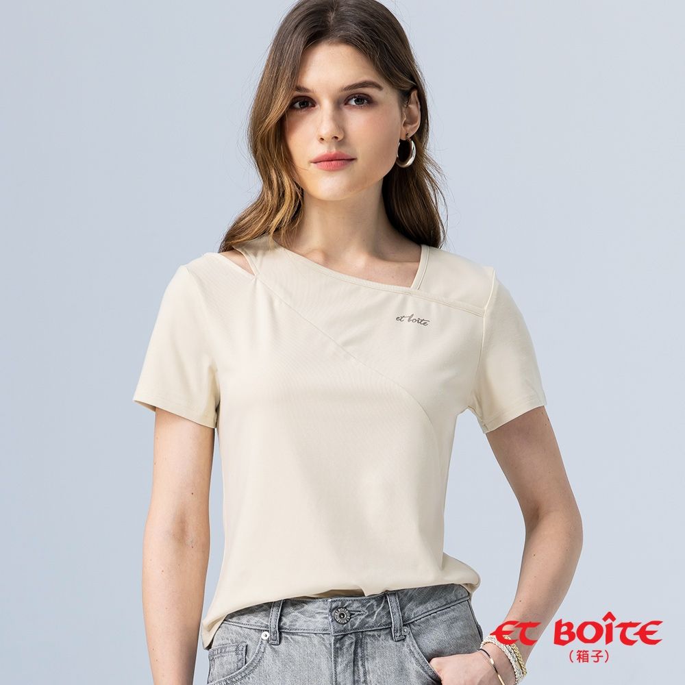 BLUE WAY ET BOiTE 箱子 – 印花不對稱挖空短TEE(淺黃)