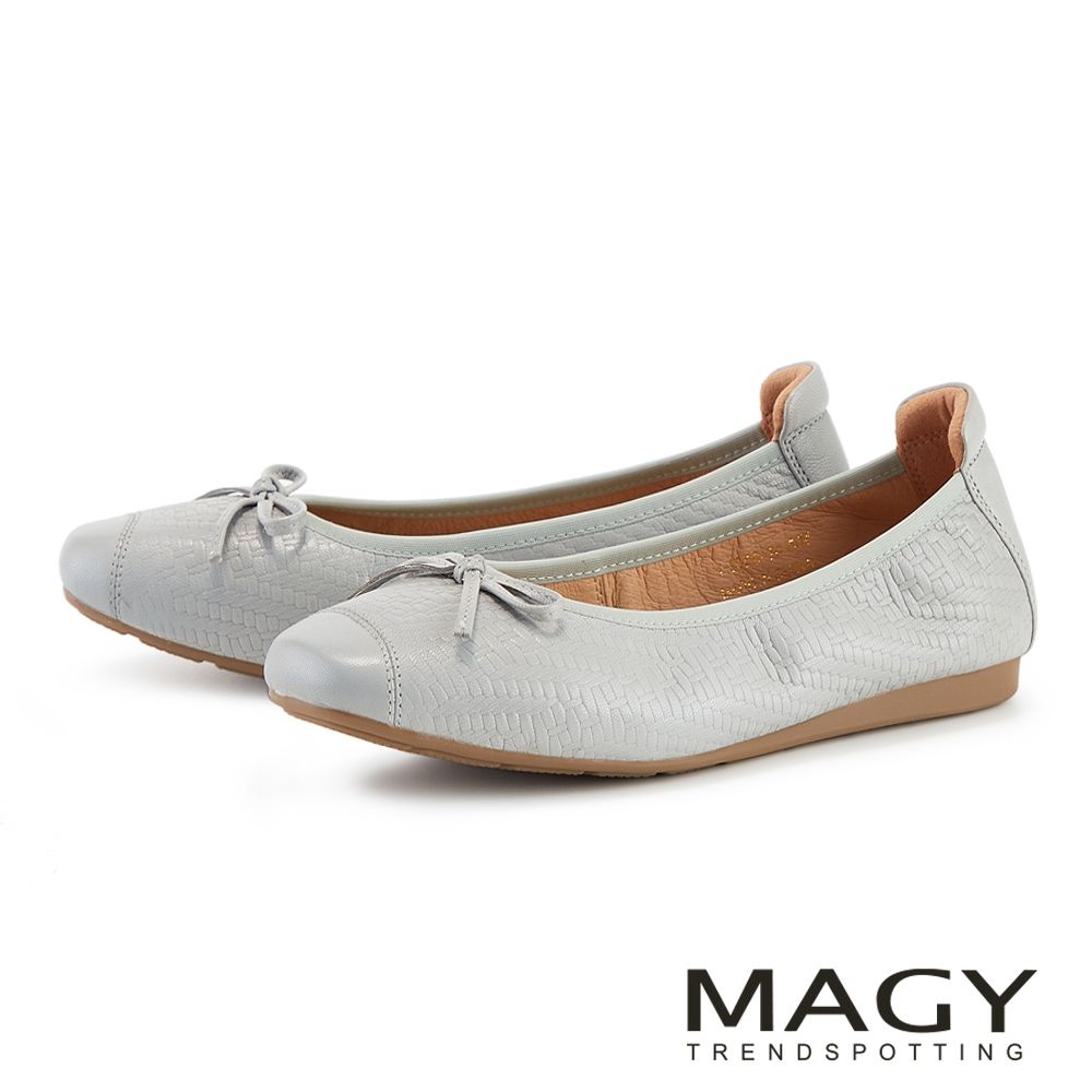 MAGY 打蠟羊皮編織紋蝴蝶結平底鞋 藍色