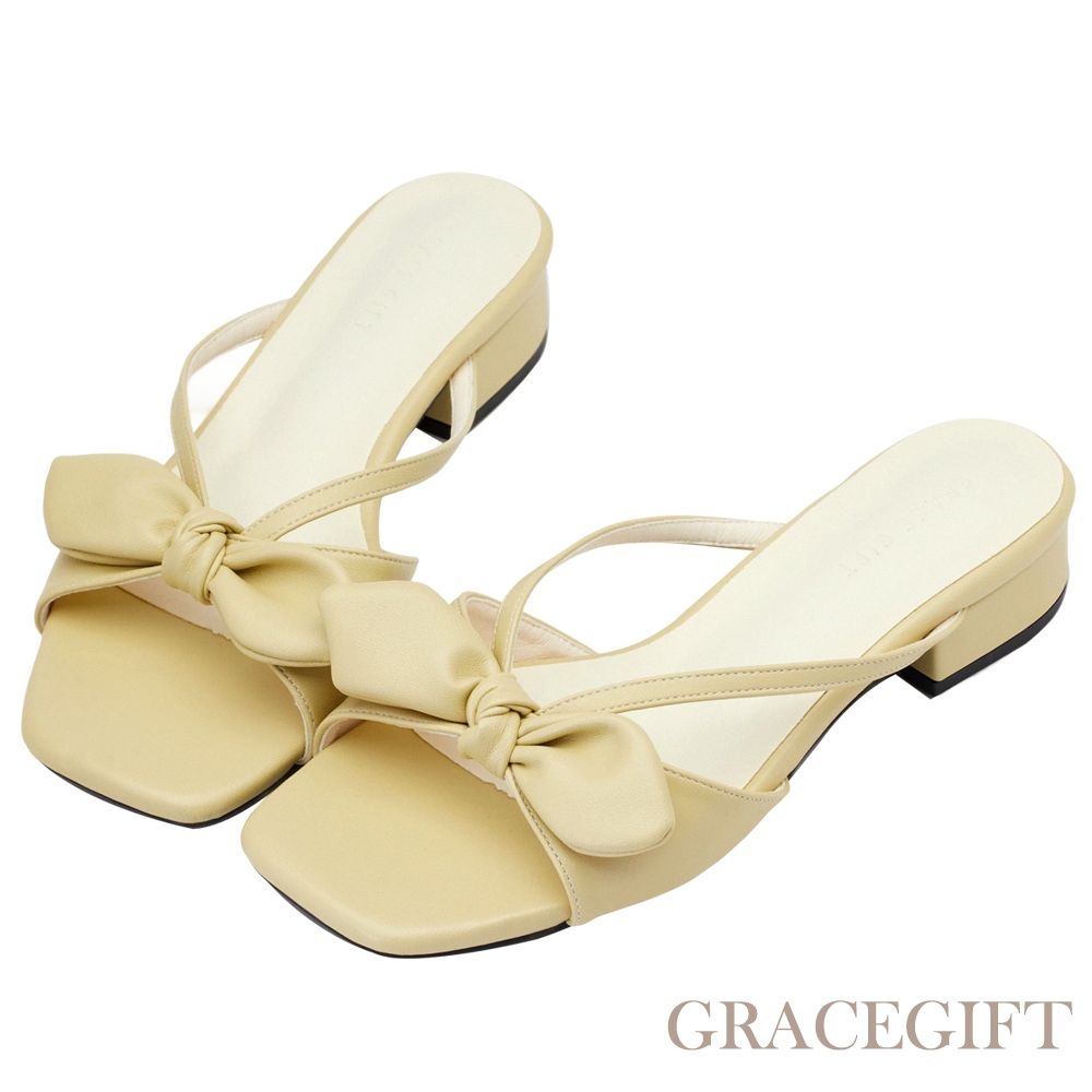 【Grace Gift】日雜感蝴蝶結寬帶低跟拖鞋 淺黃