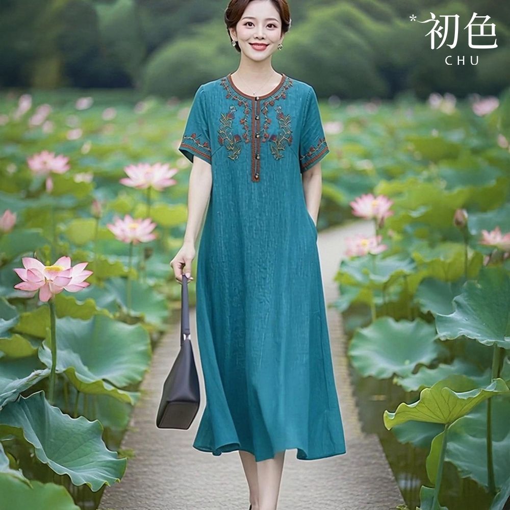 初色 民族風刺繡圓領短袖連衣裙中長裙連身洋裝長裙-藍綠色-51588(M-2XL可選)