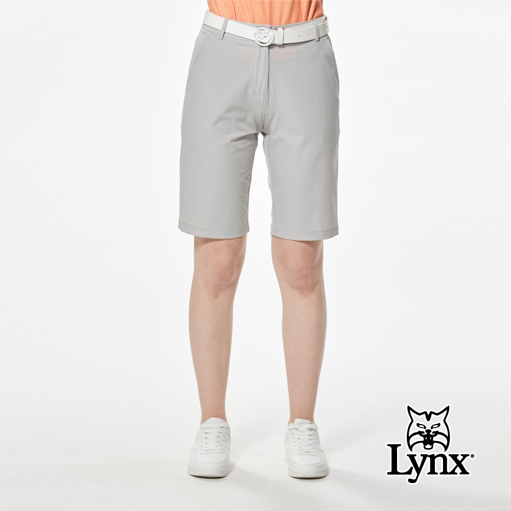 【Lynx Golf】女款四面彈性素面款腰圍羅紋織帶剪接設計經典山貓膠標造型直筒五分褲-深灰色 (深灰色)