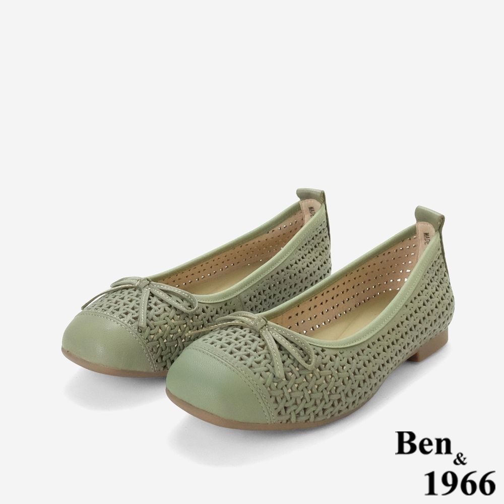 Ben&1966高級頭層打蠟羊皮經典沖孔舒適包鞋-草綠(258172)
