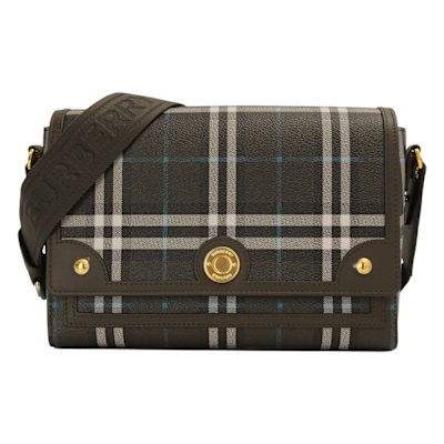 BURBERRY Note 經典防刮PVC 格紋磁釦斜背包(碳灰格x褐咖邊)中