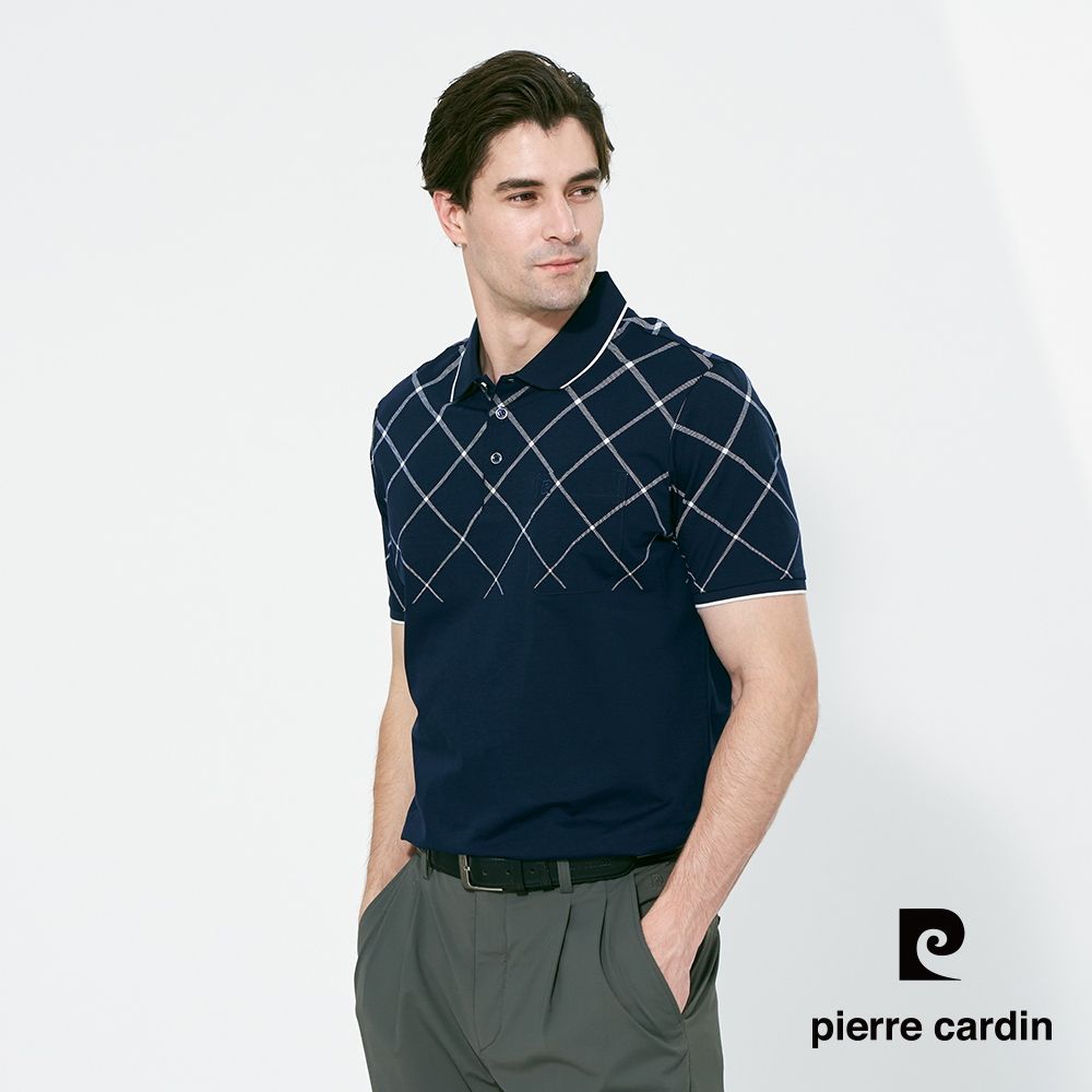 pierre cardin 皮爾卡登 男款 定位斜格印花短袖polo衫-深藍色(5257258-39)