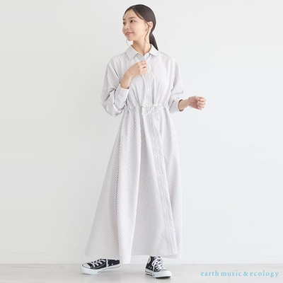 earth music  素面/條紋ALINE版型抽繩束腰長洋裝