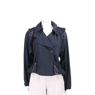 BURBERRY 巴寶莉 輕盈緞面感抽繩腰部短版風衣連帽外套(女款/海軍藍)