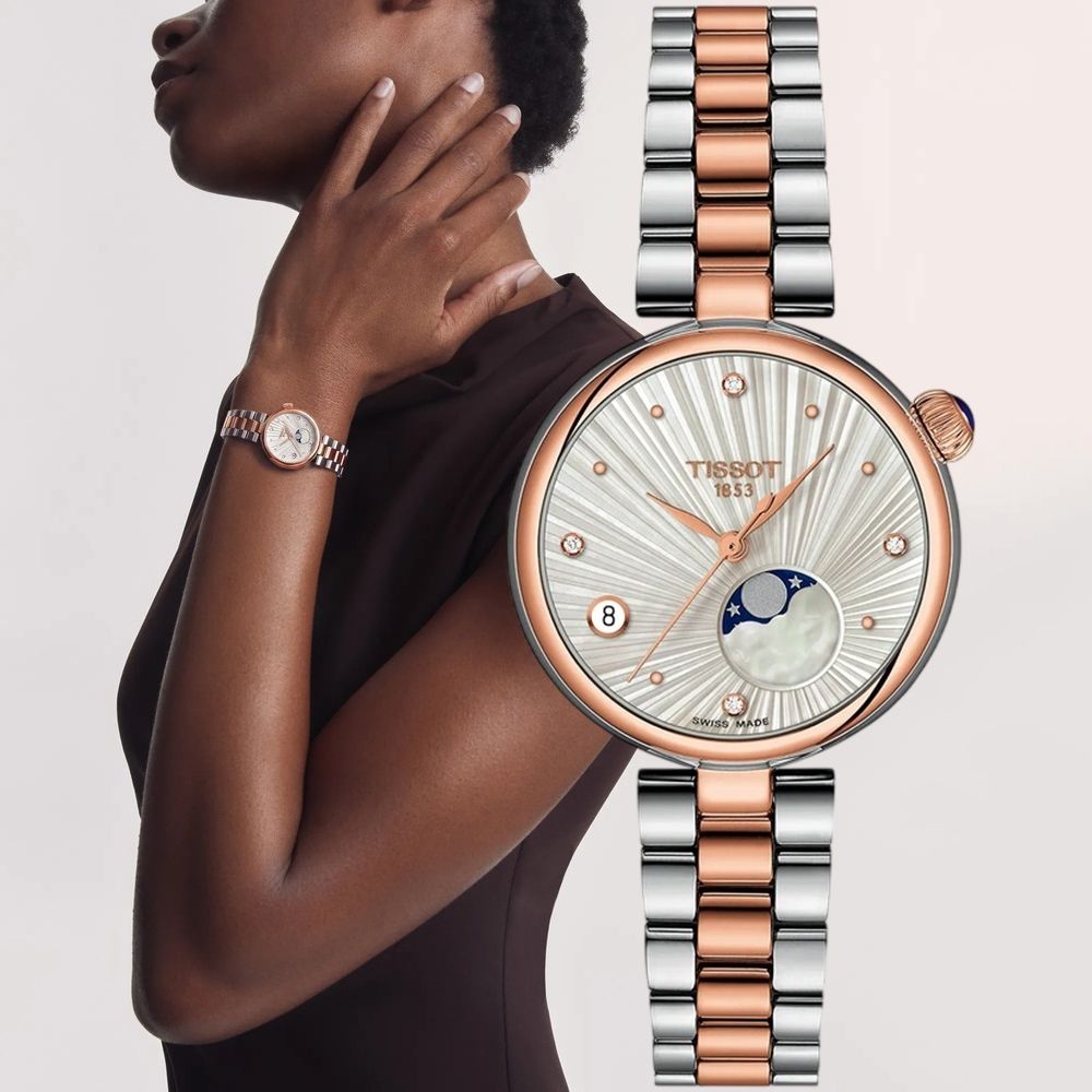 TISSOT 天梭 官方授權 T152.223.22.036.00 Desir系列 輕奢月相鑽石女錶 周年慶獻禮 送禮推薦-半玫瑰金 T1522232203600