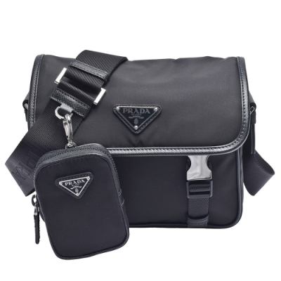 PRADA 普拉達 經典TESSUTO三角LOGO尼龍雙釦組合斜背書包(黑)