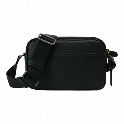 COACH 壓印LOGO皮革斜背方包(素面黑)小