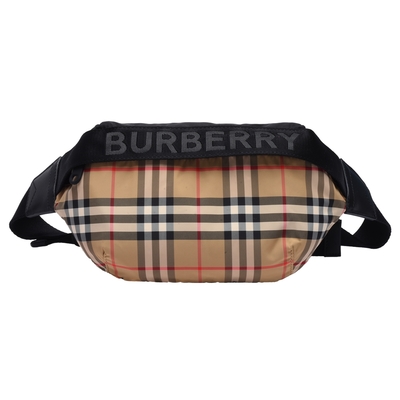 BURBERRY 經典格紋帆布皮革飾邊霧面金屬拉鍊斜背/腰包(卡其)