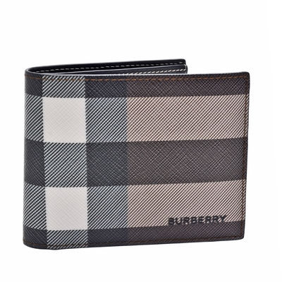 BURBERRY 經典格紋環保帆布小牛皮摺疊6卡短夾(深樺木棕色)