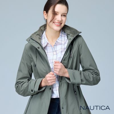 Nautica  女裝 百搭收腰長版連帽外套-綠色