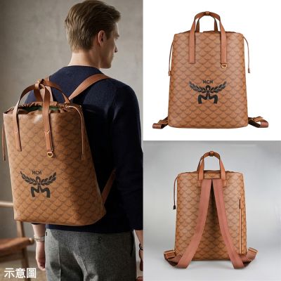 MCM HIMMEL系列LAURETOS緹花塗層帆布束繩手提後背包(中/棕)