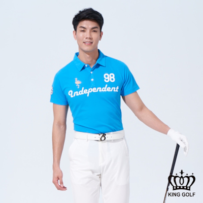 【KING GOLF】網路獨賣款-男款英文字體刺繡徽章造型POLO衫/高爾夫球衫-淺藍