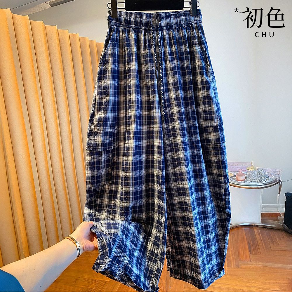 初色 復古風格紋拼接寬鬆顯瘦抽繩鬆緊腰休閒褲寬褲長褲-格子-14940(M-2XL可選)