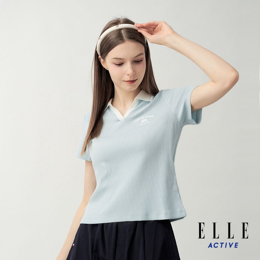 ELLE ACTIVE 女款 撞色翻領直紋短袖POLO衫-水藍色(EA26S1W1105#31)