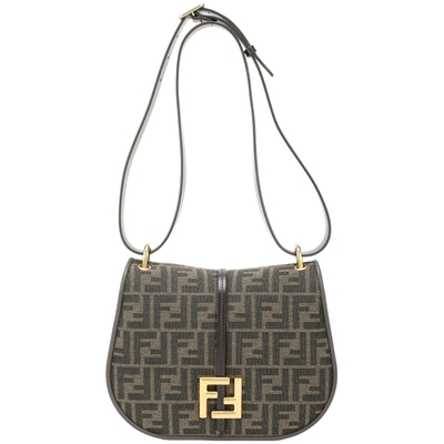 FENDI 芬迪 C mon 中型 FF老花帆布拼荔紋牛皮肩背/斜背馬鞍包(咖棕)