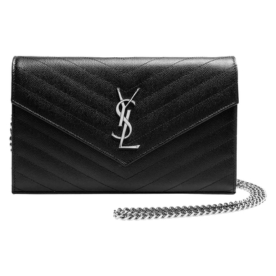 YSL Saint Laurent聖羅蘭 YSL MONOGRAM系列V字縫線魚子醬牛皮金屬LOGO銀鍊手提/肩背包(黑)