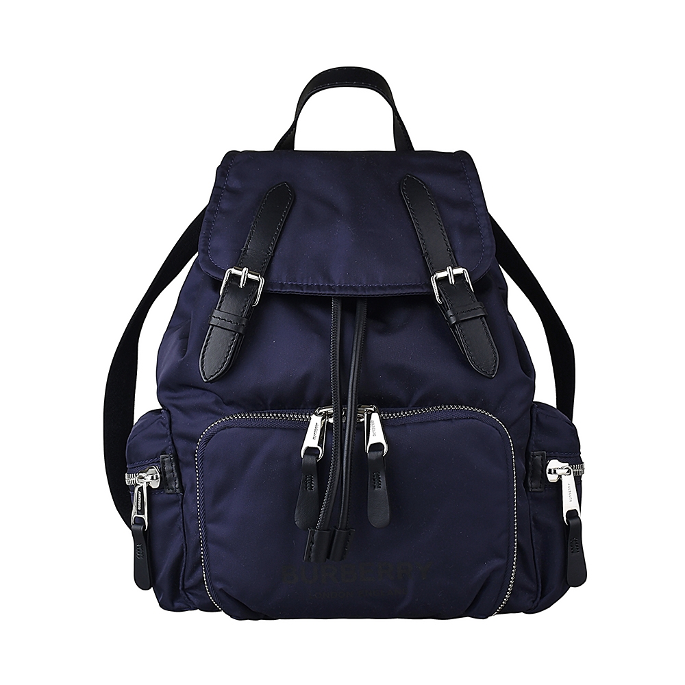 BURBERRY 巴寶莉 黑字LOGO尼龍扣式束口後背包(深藍)