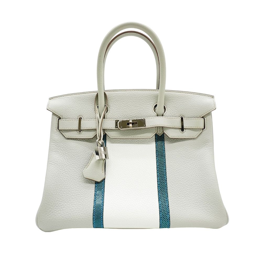 二手品 Hermes Birkin 30 牛皮拚蜥蜴皮手提包(方框O/灰白)