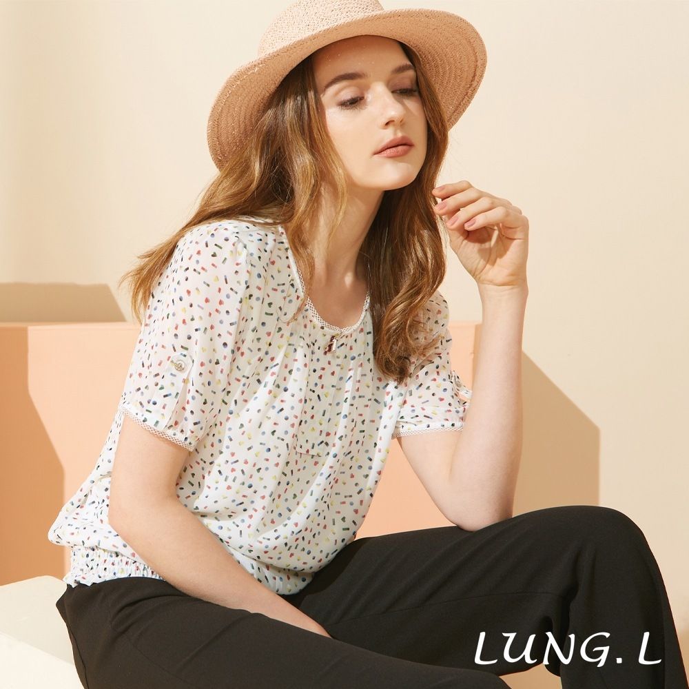LUNG.L林佳樺 白色底彩點印花蕾絲滾邊雪紡短袖女裝上衣 LU90A