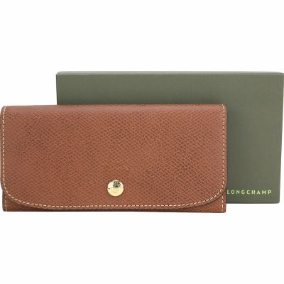 LONGCHAMP Epure 荔紋牛皮奔馬烙印14卡釦式長夾(棕色)