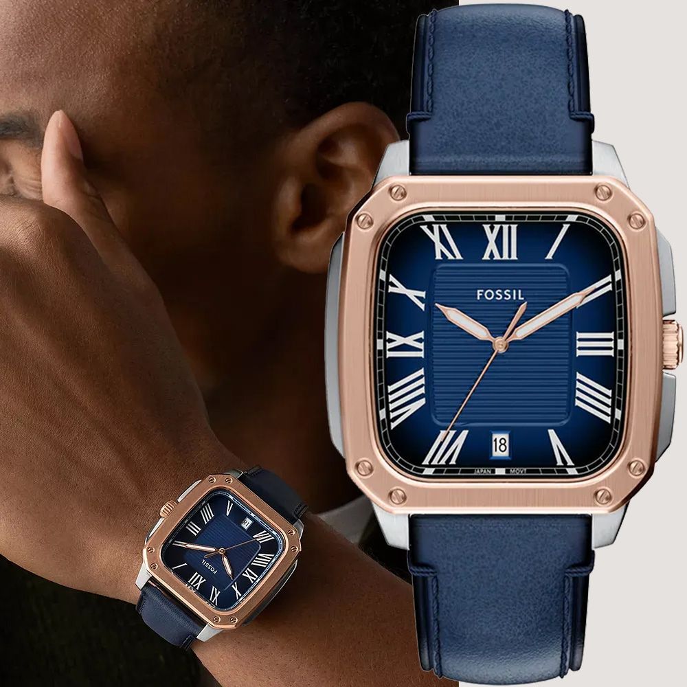 FOSSIL Crosby 工業風羅馬方形手錶 寵媽有禮 送禮首選-藍x玫瑰金/42mm FS6149