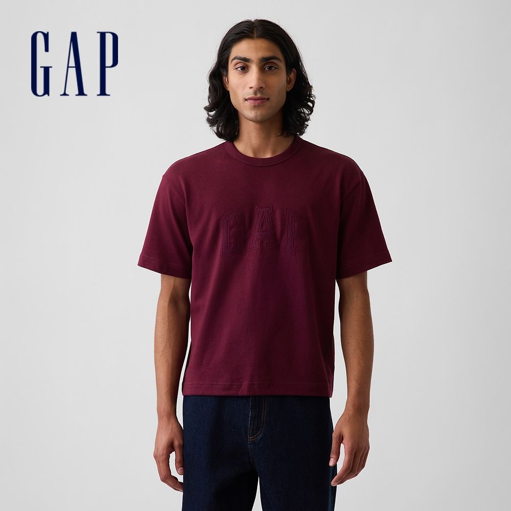 【GAP】重磅寬鬆Gap Logo短版T恤-深酒紅(911578) (深酒紅)