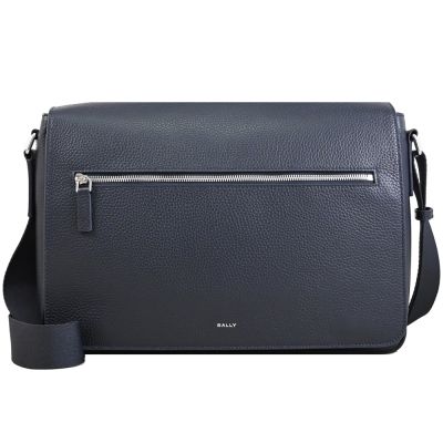 BALLY YORK POUCH 經典燙印LOGO荔枝牛皮翻蓋式商務斜背包(深藍)