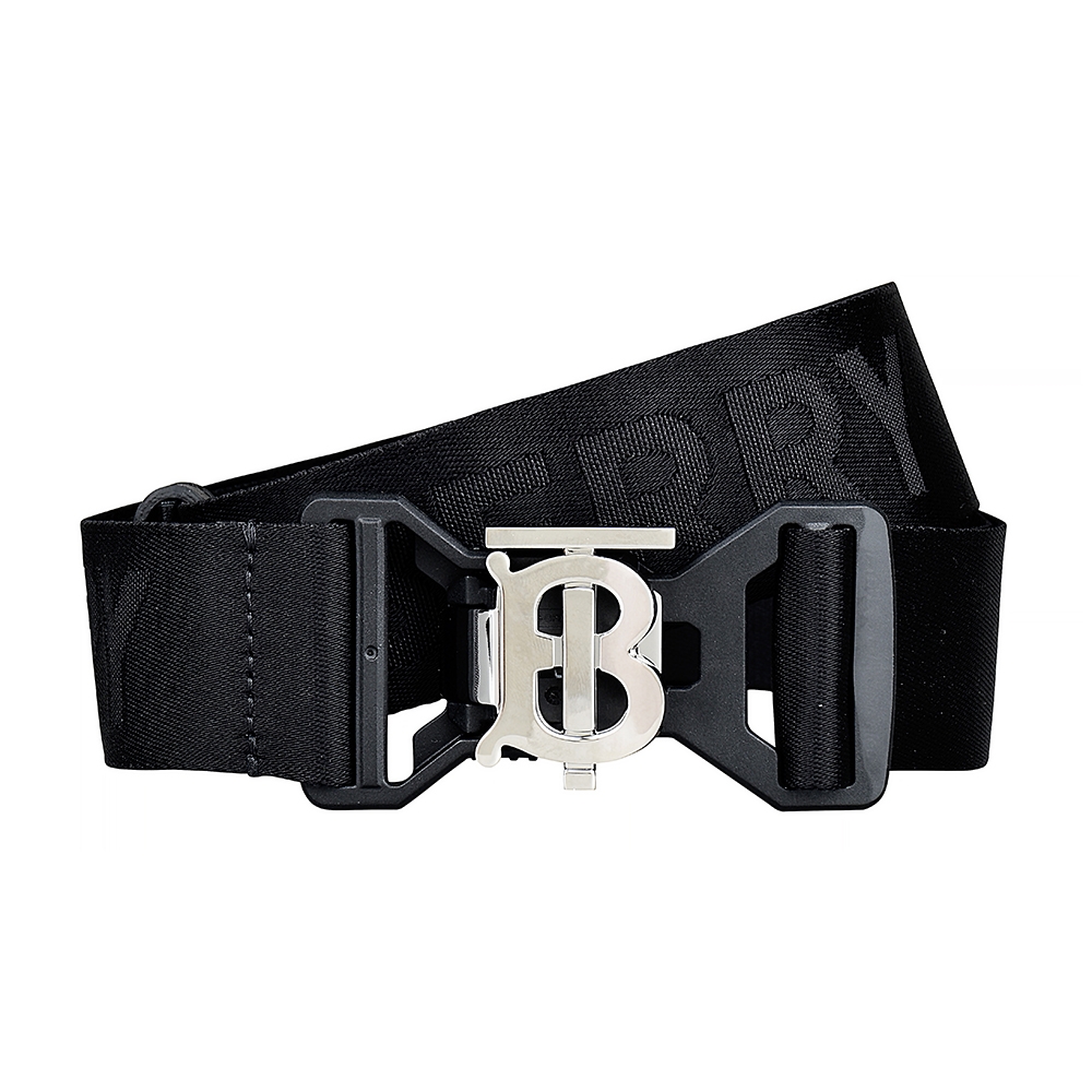 BURBERRY 巴寶莉 銀色字母LOGO尼龍搭配小牛皮裝飾網紋造型磁釦式皮帶(寬版/黑)
