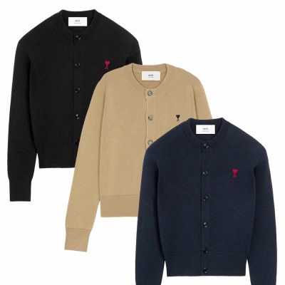 AMI PARIS Red Ami De Coeur 男女共穿 愛心A美麗諾羊毛圓領開襟外套 針織衫-多色可選