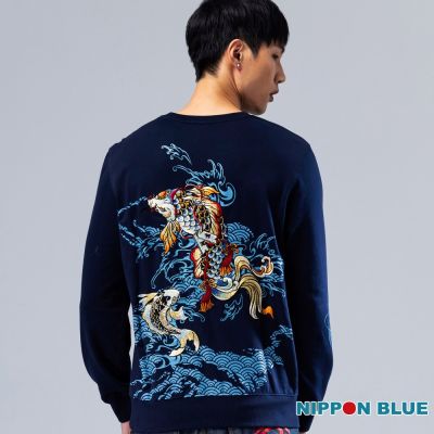 日本藍 BLUE WAY – 金標招福鯉長TEE(丈青)